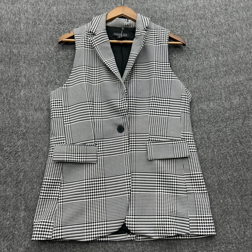 Rachel Zoe Vest S Black White Houndstooth Office Preppy 90s Academia Long Career